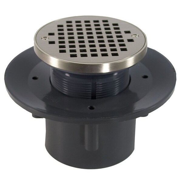 Jones Stephens 4in Heavy Duty PVC Slab Drain Base with 4in Plastic Spud and 6in Nickel Bronze Strainer with Ring D49585 - main